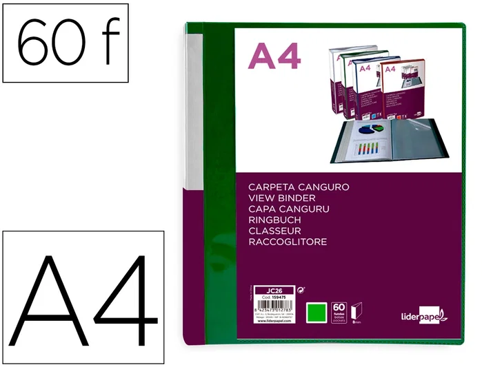 Liderpapel Carpeta de 60 fundas canguro verde translúcido DIN A4 Liderpapel Carpeta de 60 fundas canguro verde translúcido DIN A4