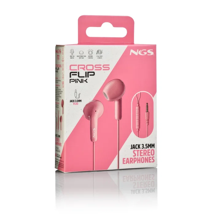 NGS CROSS FLIP Auriculares Alámbricos Intraurales con Micrófono y Botón Multifunción para Llamadas y Música, Control de Volumen, Cable 1.2m, Color Rosa, Conector Jack 3.5mm