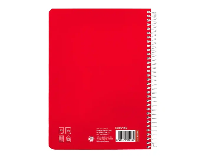 Liderpapel Cuaderno espiral Pautaguía A5, Tapa Dura, 80 Hojas, Papel 90gr, Cuadro Pautado 5mm, Rojo