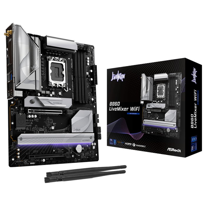 ASRock B860 LiveMixer WiFi Placa Base ATX - Intel LGA 1851, Chipset B860, Wi-Fi 6E, Bluetooth 5.3, 3 Ranuras M.2, DDR5 256 GB, Thunderbolt, 2.5 GbE, Realtek ALC1220 ASRock B860 LiveMixer WiFi Placa Base ATX - Intel LGA 1851, Chipset B860, Wi-Fi 6E, Bluetooth 5.3, 3 Ranuras M.2, DDR5 256 GB, Thunderbolt, 2.5 GbE, Realtek ALC1220