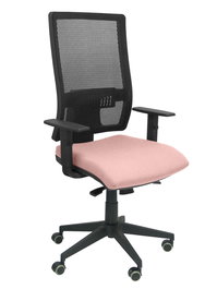 Silla de oficina Horna con mecanismo Sincro tapizada con Tela color Rosa pálido y malla color Negro. Equipada con lumbar 1D, Brazos 1D y Ruedas de parqué