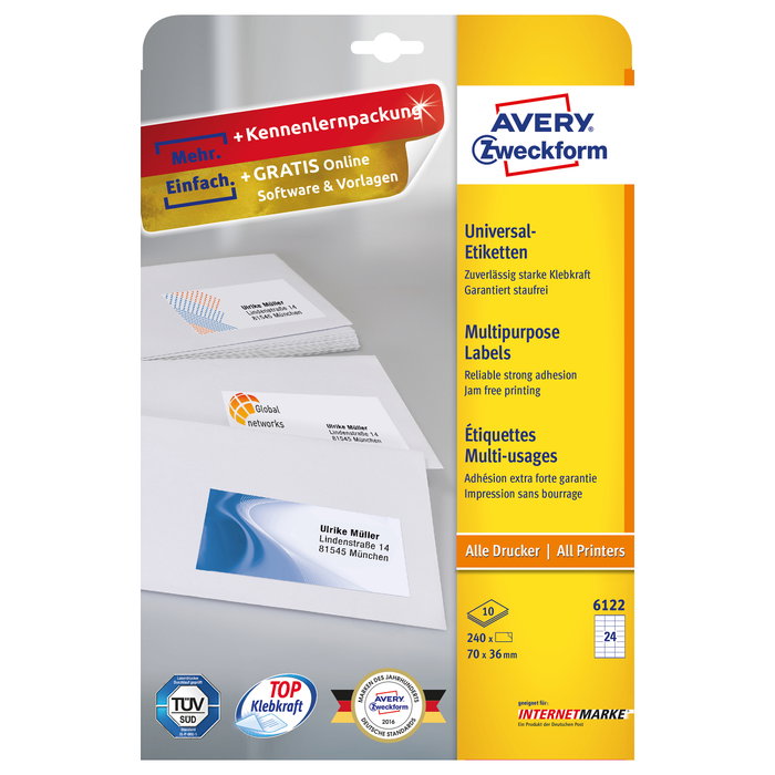 AVERY Zweckform Etiquetas 6122 Blanco 70,0 x 36,0 mm AVERY Zweckform Etiquetas 6122 Blanco 70,0 x 36,0 mm