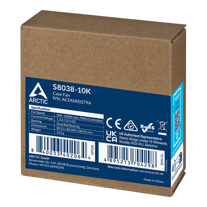 ARCTIC S8038-10K Ventilador 80x80x25mm 80mm PWM Rodamiento de Bolas Doble Doble Hilera Negro