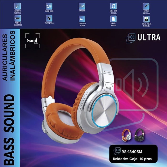 SAMI Auriculares Ultra Marrón FM/Bluetooth/AUX Plegable con Batería 400mAh