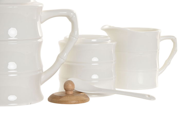 DKD Home Decor Tetera Pengjia bambu 2025 Set de 4 Piezas Blanco Natural Porcelana Bambu 20 x 18 x 29 cm