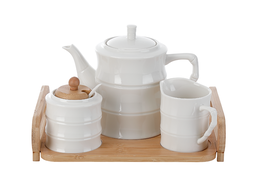 DKD Home Decor Tetera Pengjia bambu 2025 Set de 4 Piezas Blanco Natural Porcelana Bambu 20 x 18 x 29 cm