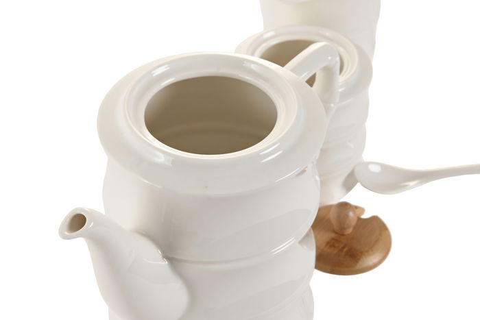 DKD Home Decor Tetera Pengjia bambu 2025 Set de 4 Piezas Blanco Natural Porcelana Bambu 20 x 18 x 29 cm