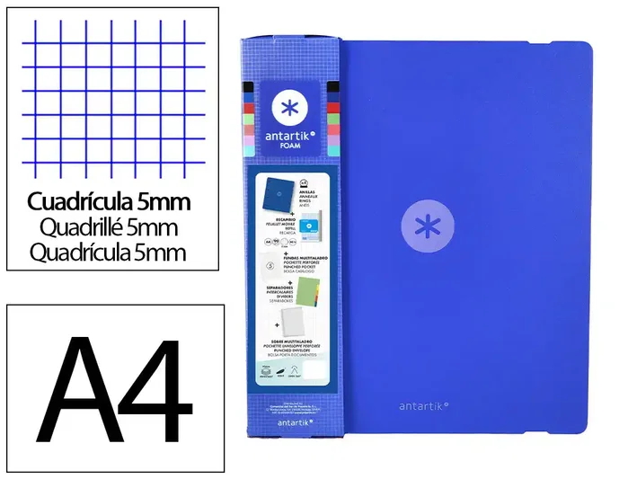 Antartik Carpeta con recambio A4 cuadro 5mm foam 4 anillas 35mm mixtas azul Antartik Carpeta con recambio A4 cuadro 5mm foam 4 anillas 35mm mixtas azul