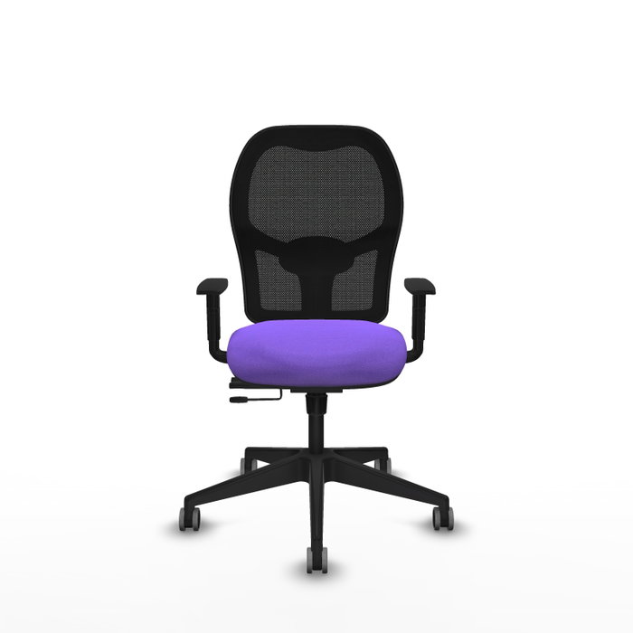 Silla de oficina Alocén con mecanismo Sincro/Traslack tapizada con Tela color Lila y malla color Negro. Equipada con lumbar 1D, Brazos 1D y Ruedas 65 mm parqué