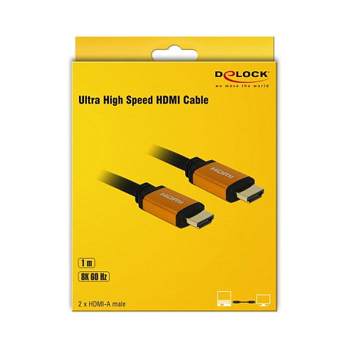 DeLOCK Cable HDMI Ultra High Speed 85727 48 Gbps 8K 60 Hz 1 m Negro Dorado - Compatible con Resolucion 7680 x 4320 Pixeles y Audio ARC