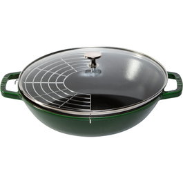 Staub Wok de 30 cm con tapa de vidrio, hierro fundido, verde albahaca
