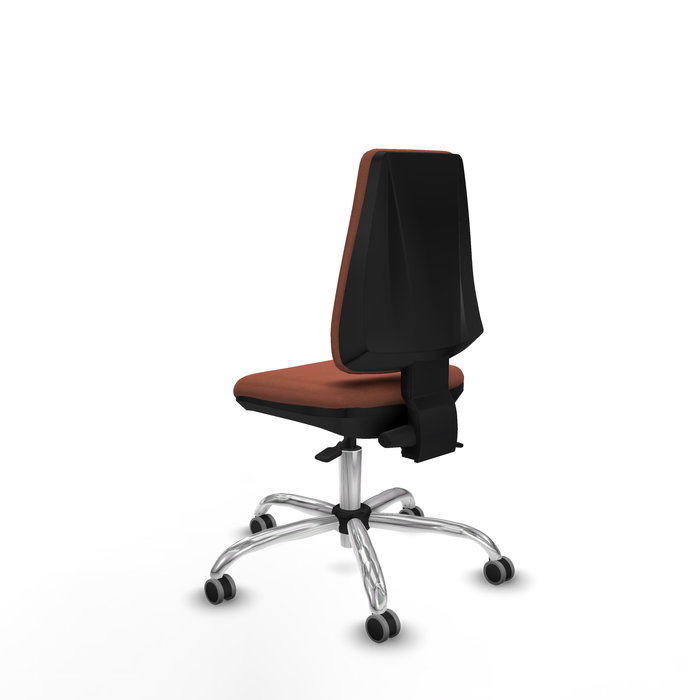Silla de oficina Elche con mecanismo Asincro tapizada con Tela color Marrón. Equipada con Base cromada, Sin brazos y Ruedas 65 mm parqué