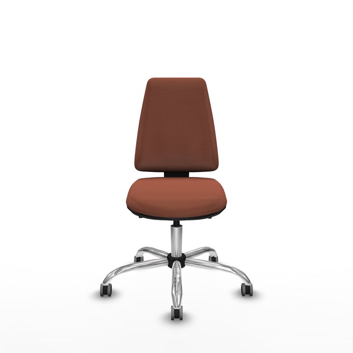 Silla de oficina Elche con mecanismo Asincro tapizada con Tela color Marrón. Equipada con Base cromada, Sin brazos y Ruedas 65 mm parqué