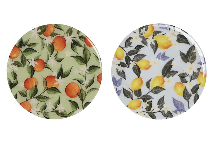 DKD Home Decor Posavasos Mediterraneo Naranja Amarillo Madera Set de 4 (6 Unidades) 10 x 10 x 0.5 cm