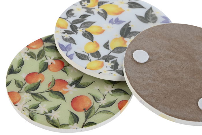 DKD Home Decor Posavasos Mediterraneo Naranja Amarillo Madera Set de 4 (6 Unidades) 10 x 10 x 0.5 cm