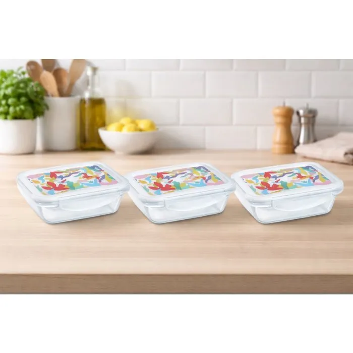 Pyrex - Juego de 3 Fiambreras de Vidrio Rectangulares PYREX PYR3426470303095 con Tapa Hermética - Diseño Abstracto - Capacidad 0.80 Litros Pyrex - Juego de 3 Fiambreras de Vidrio Rectangulares PYREX PYR3426470303095 con Tapa Hermética - Diseño Abstracto - Capacidad 0.80 Litros