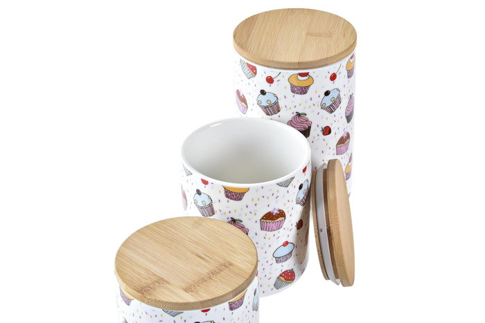 DKD Home Decor Set de 3 Botes de Gres y Bambú Pasteles Multicolor DKD Home Decor Set de 3 Botes de Gres y Bambú Pasteles Multicolor