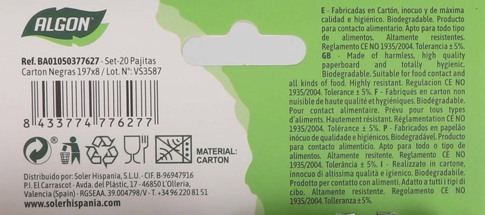 Algon Set 20 Pajitas Carton Negras 19.7 cm (24 Unidades)