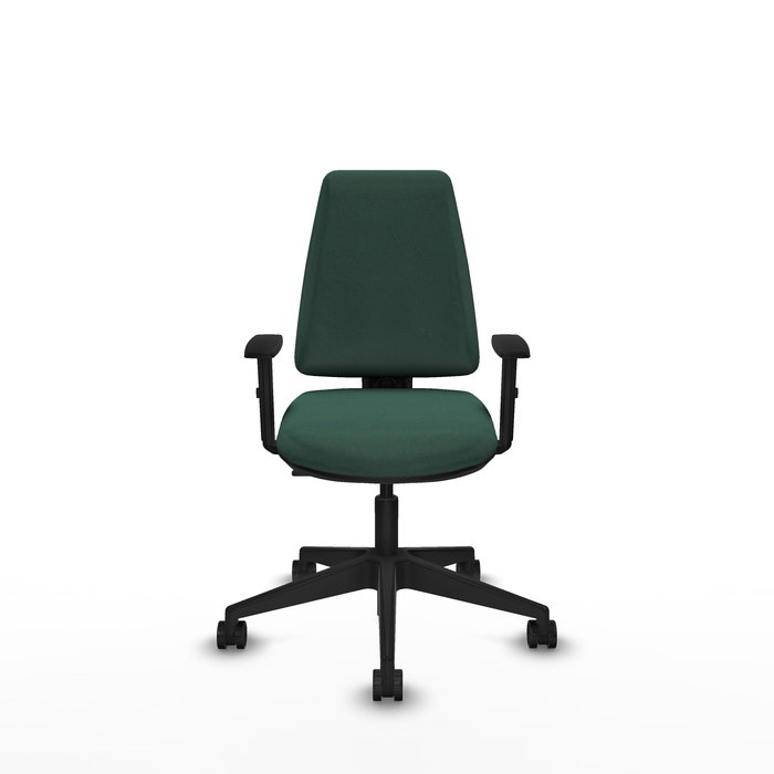 Silla de oficina Elche con mecanismo Contacto permanente básico tapizada con Tela color Verde botella. Equipada con Base piramidal negra, Brazos 1D y Ruedas 65mm nailon