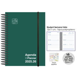 Agenda Anual (2025-26) Senfort 16 Meses Student Unicolor Espiral Tapa Pp Con Goma 120X170 S/V Verde