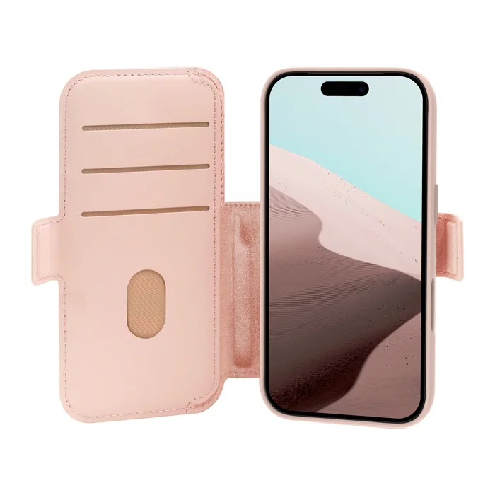 Dbramante1928 Lynge MS ICON Funda Folio con Tapa y Cierre Magnético Compatible con MagSafe - Resistente a Rayones, Bolsillo para 3 Tarjetas - Arena Rosa para Apple iPhone 17 Pro