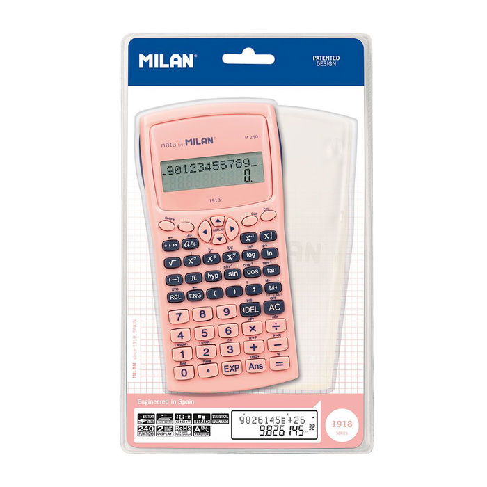 Milán Calculadora Científica M240 - 240 Funciones, Pantalla de 2 Líneas, 10+2 Dígitos, Color Rosa, Incluye Pilas y Carcasa Protectora