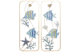 DKD Home Decor Decoración Pared Mediterráneo Peces Azul Dorado Metal 2.5 x 75 x 29 cm (4 Unidades)