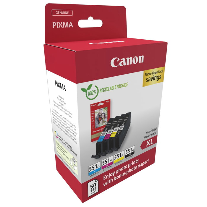 Canon CLI-551XL Multipack de Tinta Original XL con Papel Fotográfico