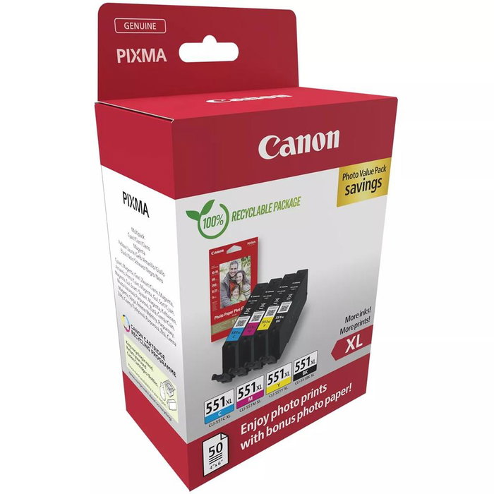 Canon CLI-551XL Multipack de Tinta Original XL con Papel Fotográfico