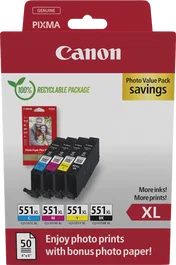 Canon CLI-551 XL Value Pack Negro, Cian, Magenta, Amarillo + Papel Fotográfico 10x15 cm 50 Hojas