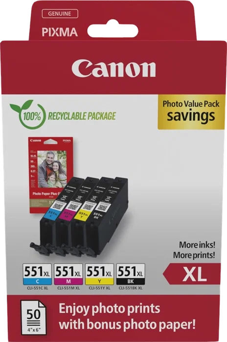 Canon CLI-551 XL Value Pack Negro, Cian, Magenta, Amarillo + Papel Fotográfico 10x15 cm 50 Hojas Canon CLI-551 XL Value Pack Negro, Cian, Magenta, Amarillo + Papel Fotográfico 10x15 cm 50 Hojas