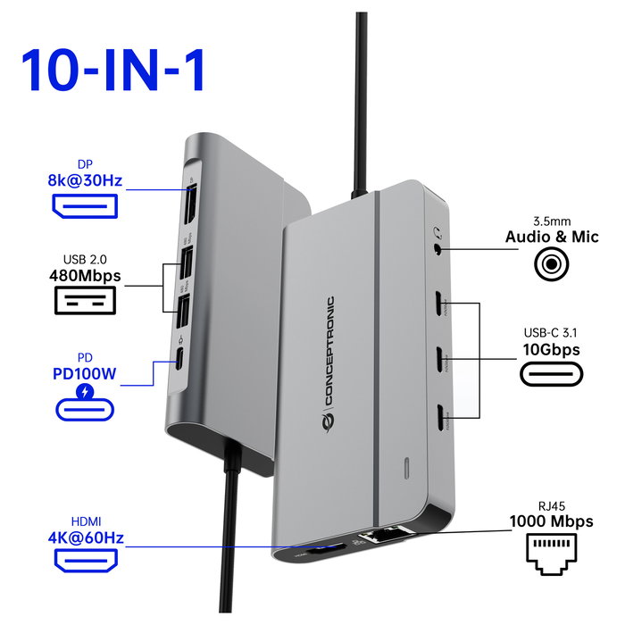Conceptronic DONN34G Docking Station 10 en 1 USB-C Gris Conceptronic DONN34G Docking Station 10 en 1 USB-C Gris