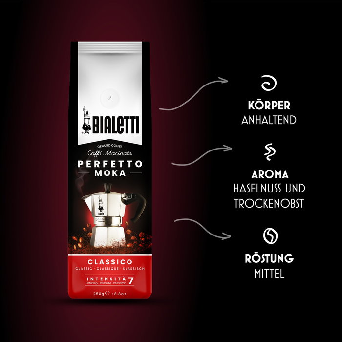 Bialetti Perfetto Moka Classico 250 g - Café molido, Tueste medio, Intensidad 7, 50% Arabica 50% Robust, Bolsa