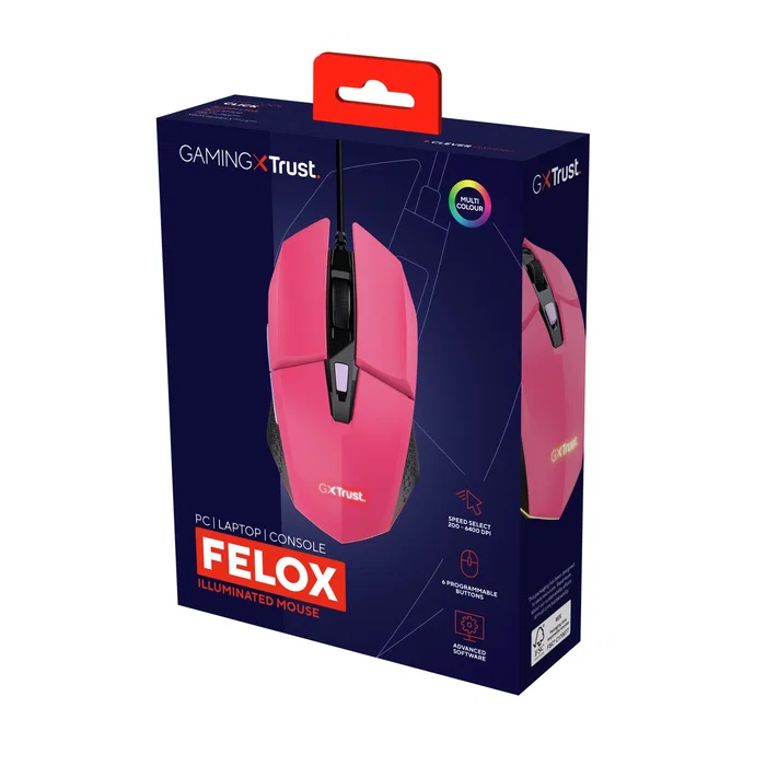 Trust GXT 109 Felox Ratón Gaming Ambidiestro con Cable USB, 6400 DPI Ajustable, 6 Botones, Iluminación LED RGB, Color Rosa - Para PC
