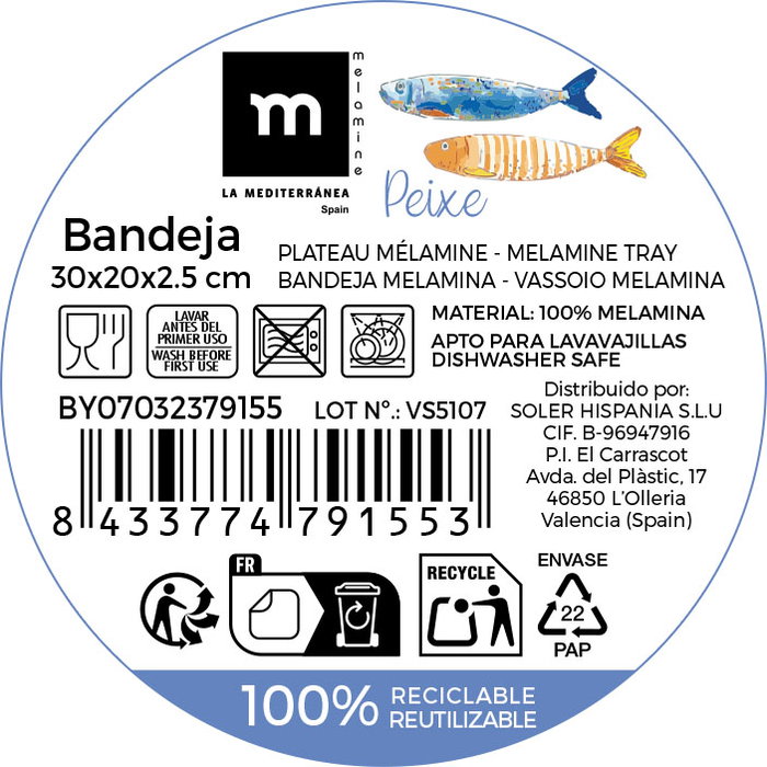 Inde Bandeja Melamina Brillo Peixe 30 x 20 x 2.5 cm La Mediterrane (12 Unidades)