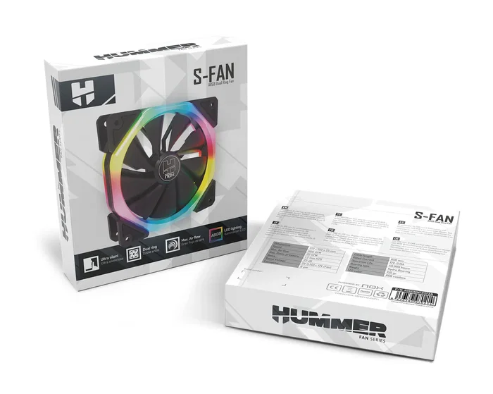 Nox Hummer S-Fan Ventilador para Caja PC 120mm ARGB Dual Ring LED Negro - 3 Pines, 1100 RPM, Silencioso con Pads Antivibración