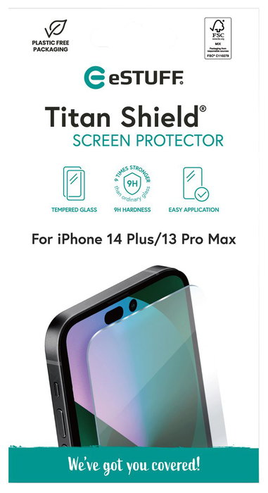 eSTUFF Protector de Pantalla Titan Shield para iPhone 14 Plus/13 Pro Max Vidrio Templado 9H