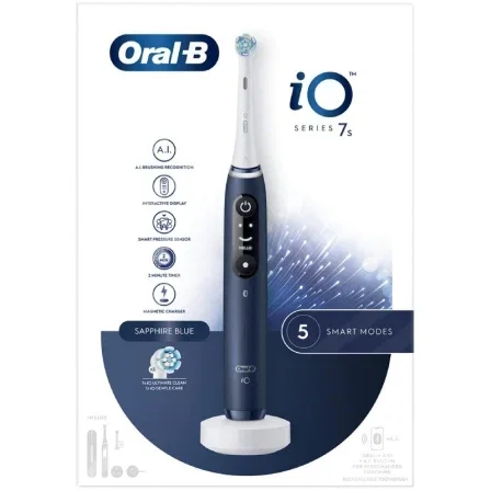 Oral-B Cepillo Dental Eléctrico Recargable iO Serie 7S con 5 Modos, 2 Cabezales, Cargador, Funda de Viaje, Portarrecambios, Azul
