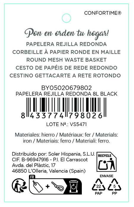 Inde Papelera de Rejilla Redonda 8 Litros, Color Negro, Dimensiones 23.3 cm de Ancho x 26.7 cm de Alto (8 Unidades)