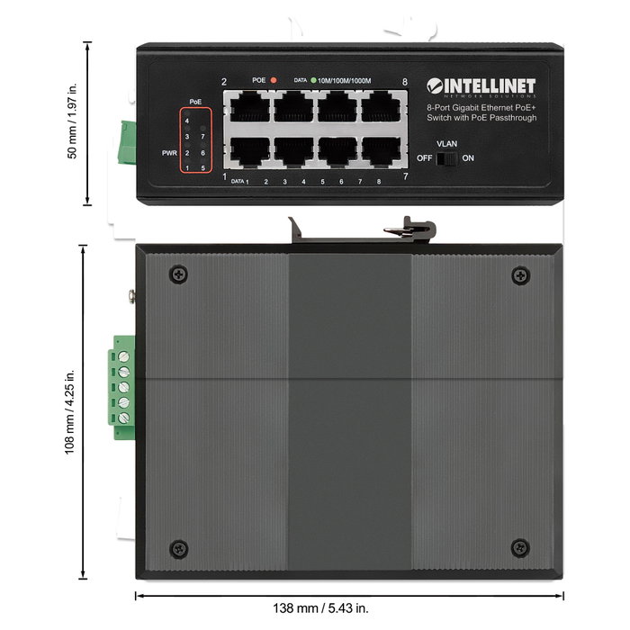 Intellinet Conmutador de Red Gigabit Ethernet 8 Puertos PoE+ Industrial con Passthrough PoE, 1x PD PoE 95W, 7x PSE PoE, Strombudget 120W, Montaje en Rail DIN Intellinet Conmutador de Red Gigabit Ethernet 8 Puertos PoE+ Industrial con Passthrough PoE, 1x PD PoE 95W, 7x PSE PoE, Strombudget 120W, Montaje en Rail DIN