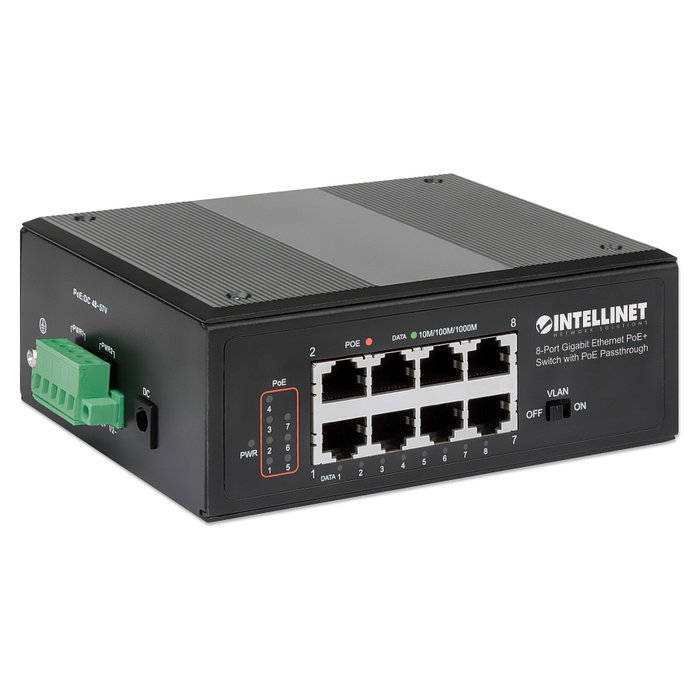 Intellinet Conmutador de Red Gigabit Ethernet 8 Puertos PoE+ Industrial con Passthrough PoE, 1x PD PoE 95W, 7x PSE PoE, Strombudget 120W, Montaje en Rail DIN Intellinet Conmutador de Red Gigabit Ethernet 8 Puertos PoE+ Industrial con Passthrough PoE, 1x PD PoE 95W, 7x PSE PoE, Strombudget 120W, Montaje en Rail DIN