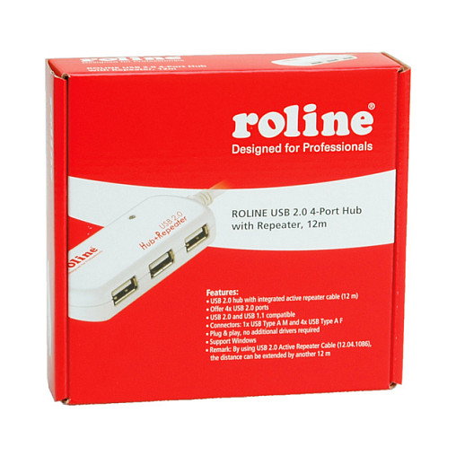 ROLINE USB 2.0 Hub 4 Puertos con Repetidor, Cable de 12m, Color Blanco