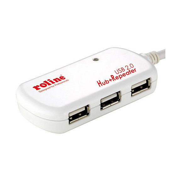 ROLINE USB 2.0 Hub 4 Puertos con Repetidor, Cable de 12m, Color Blanco