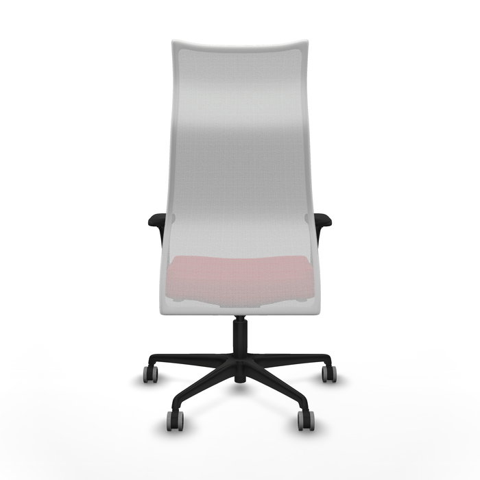 Sillón Albacete con mecanismo Sincro tapizada con Similpiel color Rojo y malla color Blanco. Equipado con Base nailon negra, Brazos 1D y Ruedas 65 mm parqué