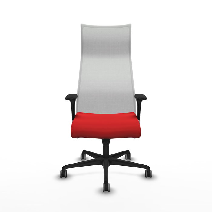 Sillón Albacete con mecanismo Sincro tapizada con Similpiel color Rojo y malla color Blanco. Equipado con Base nailon negra, Brazos 1D y Ruedas 65 mm parqué