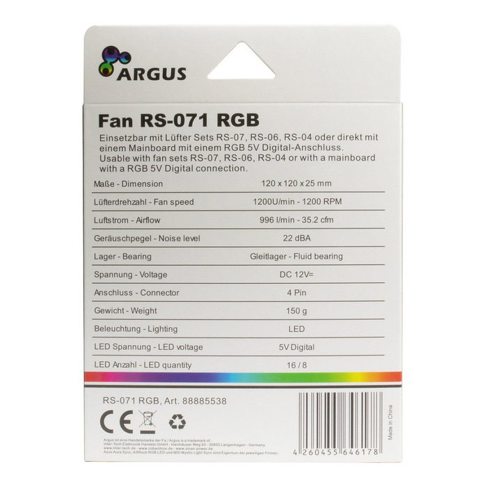 Inter-Tech ARGUS RS-071 RGB Ventilador 120x120x25 mm con efecto cristal