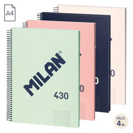 MILAN Pack de 4 cuadernos espiral A4, 80 hojas, cuadrícula 5x5