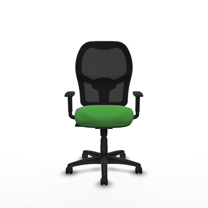 Silla de oficina Alocén con mecanismo Sincro tapizada con Tela color Verde y malla color Negro. Equipada con lumbar 1D, Brazos 1D y Ruedas de nailon 50 mm
