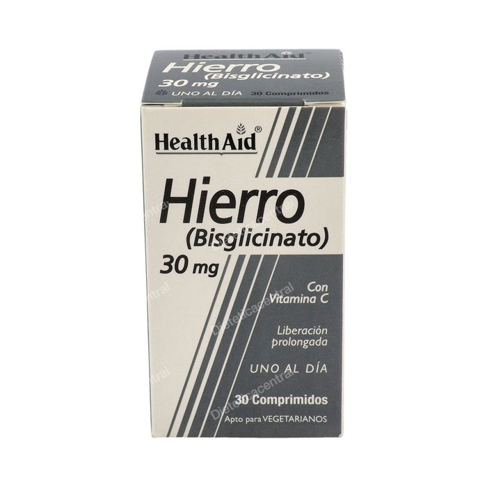 Health Aid Hierro Bisglicinato + Vitamina C, 30 Comprimidos, Suplemento de Hierro Aminoquelado 30 mg con Vitamina C 120 mg, Apto para Vegetarianos Health Aid Hierro Bisglicinato + Vitamina C, 30 Comprimidos, Suplemento de Hierro Aminoquelado 30 mg con Vitamina C 120 mg, Apto para Vegetarianos