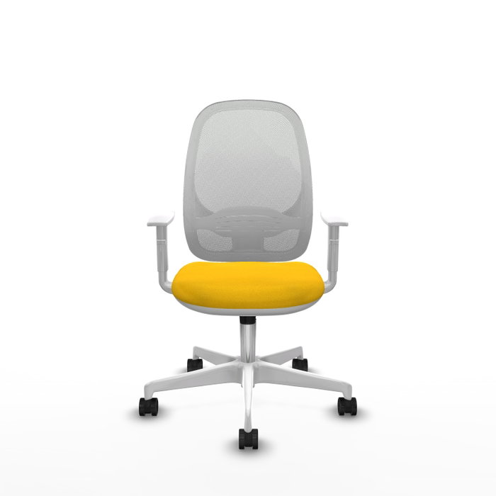 Silla de oficina Cilanco con mecanismo Sincro tapizada con Tela color Amarillo y malla color Blanco. Equipada con lumbar 1D, Reposabrazos blancos y Ruedas 65mm nailon